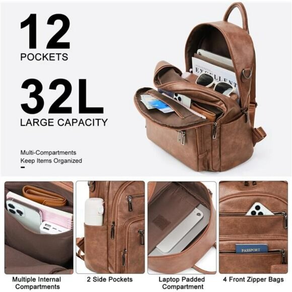 Women's Faux Leather Backpack Purse Convertible Travel Shoulder Bag Set - Picture 6 of 7